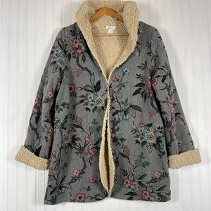 Sundance Women's Gray Floral Reversible Sherpa Fleece Linen Coat Jacket Sz S